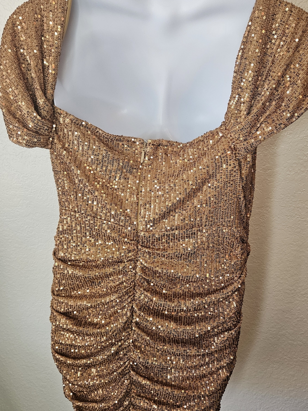 PrettyLittleThing Bronze Sequin Draped Mini Dress - Picture 6 of 6
